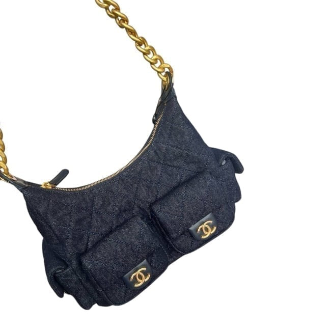 Quilted Dark Blue Denim Gold Hobo Bag | VIP/GWP