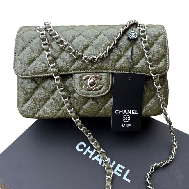 Quilted Olive Green Silver Double Flap Bag | VIP/GWP