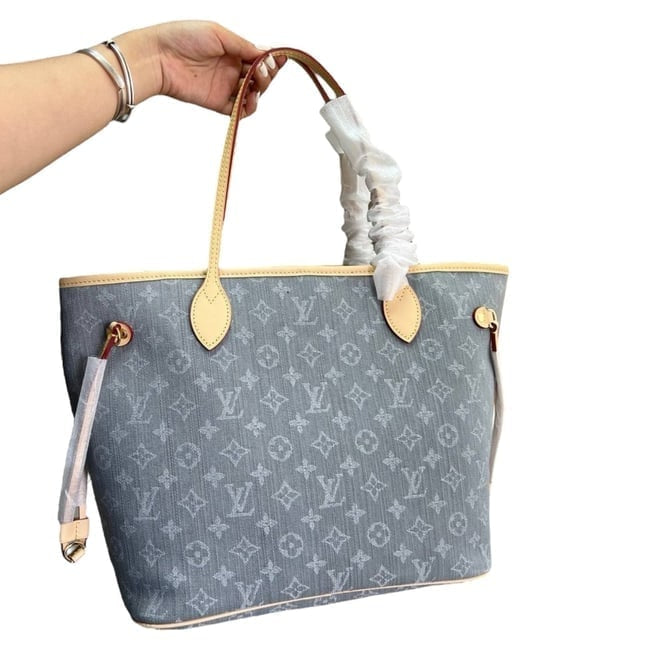 Denim Monogram Gold Neverfull MM Bag, Pouch Tote | VIP/GWP