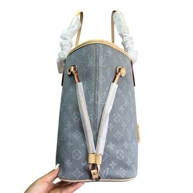 Denim Monogram Gold Neverfull MM Bag, Pouch Tote | VIP/GWP