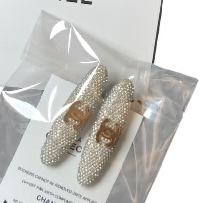 2Pc White Rhinestone Gold CC Long Oval Hair Clips | Beaute