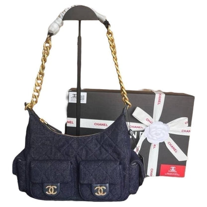 Quilted Dark Blue Denim Gold Hobo Bag | VIP/GWP