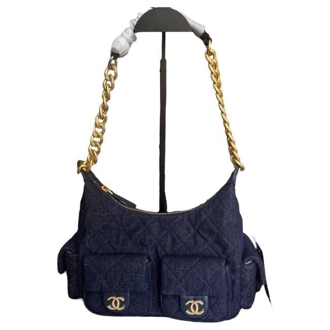 Quilted Dark Blue Denim Gold Hobo Bag | VIP/GWP