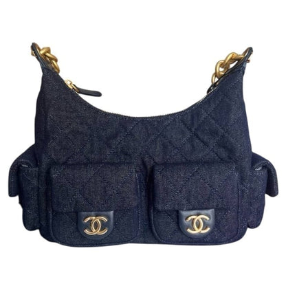 Quilted Dark Blue Denim Gold Hobo Bag | VIP/GWP