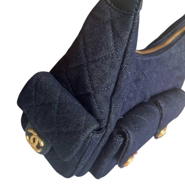 Quilted Dark Blue Denim Gold Hobo Bag | VIP/GWP