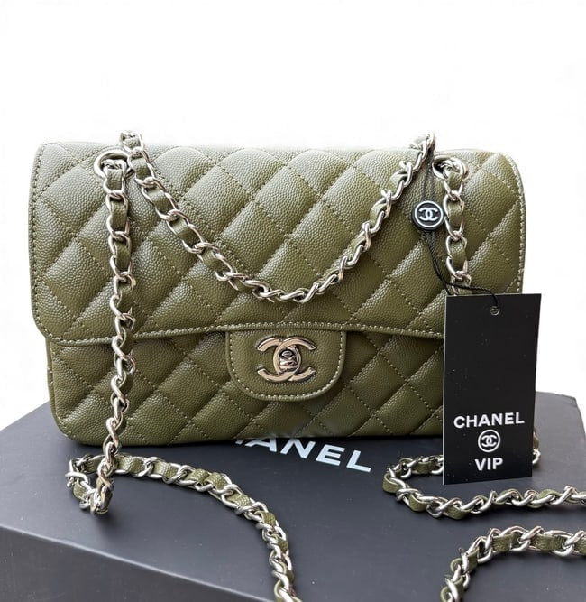 Quilted Olive Green Silver Double Flap Bag | VIP/GWP