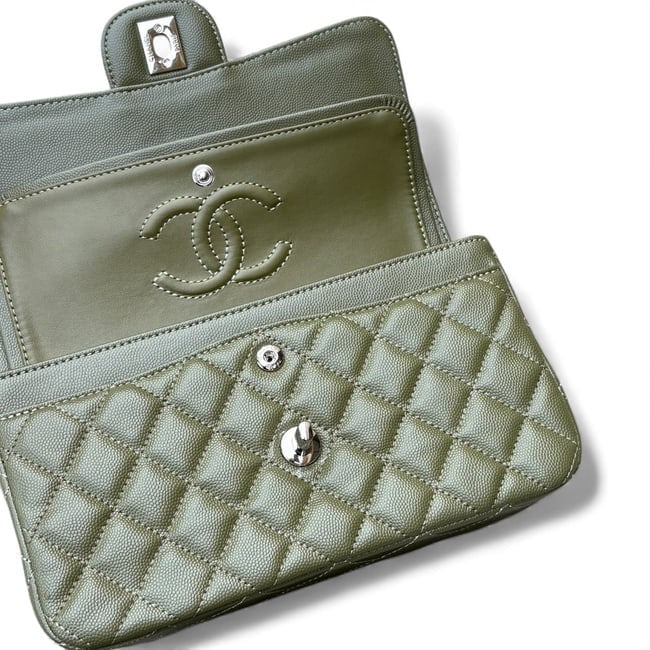 Quilted Olive Green Silver Double Flap Bag | VIP/GWP