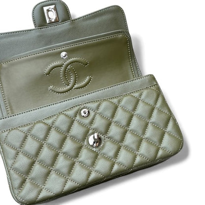 Quilted Olive Green Silver Double Flap Bag | VIP/GWP