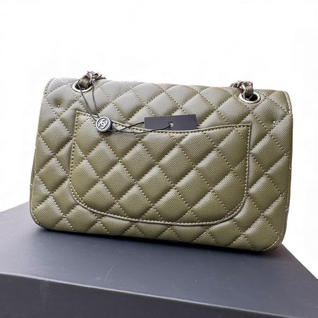 Quilted Olive Green Silver Double Flap Bag | VIP/GWP