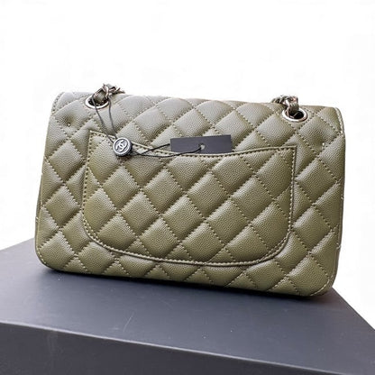 Quilted Olive Green Silver Double Flap Bag | VIP/GWP