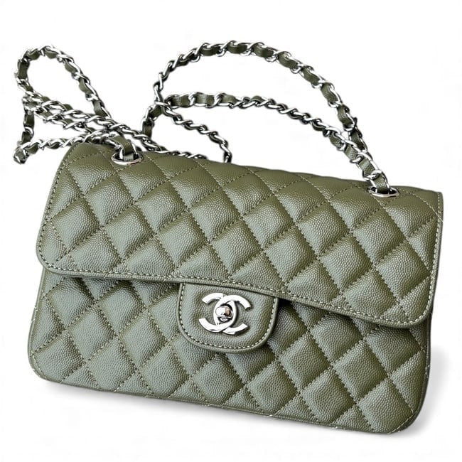 Quilted Olive Green Silver Double Flap Bag | VIP/GWP