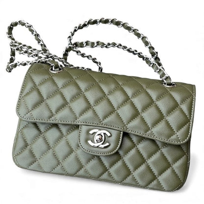 Quilted Olive Green Silver Double Flap Bag | VIP/GWP
