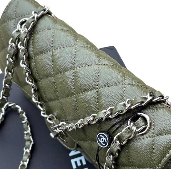 Quilted Olive Green Silver Double Flap Bag | VIP/GWP