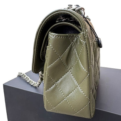 Quilted Olive Green Silver Double Flap Bag | VIP/GWP