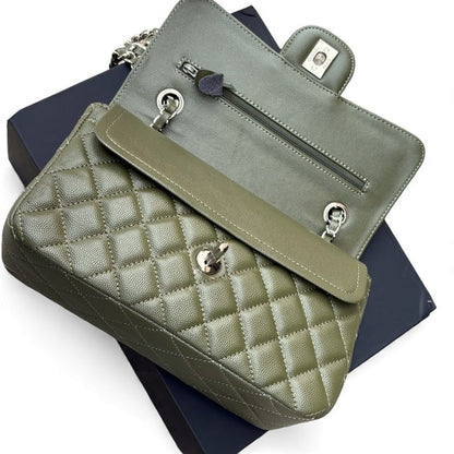 Quilted Olive Green Silver Double Flap Bag | VIP/GWP
