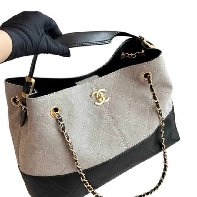 Tan Suede Black Quilted Hobo Shopping Bag | VIP/GWP