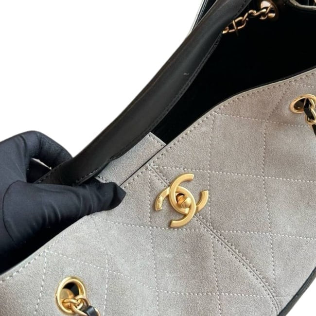 Tan Suede Black Quilted Hobo Shopping Bag | VIP/GWP