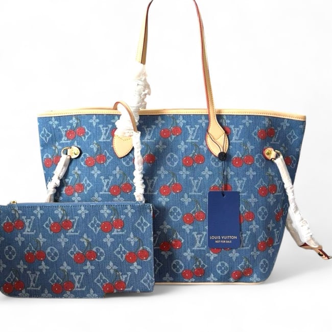 Denim Cherry Print Neverfull MM Tote & Pouch | VIP/GWP