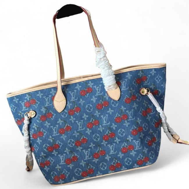 Denim Cherry Print Neverfull MM Tote & Pouch | VIP/GWP
