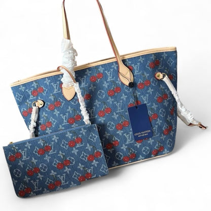 Denim Cherry Print Neverfull MM Tote & Pouch | VIP/GWP