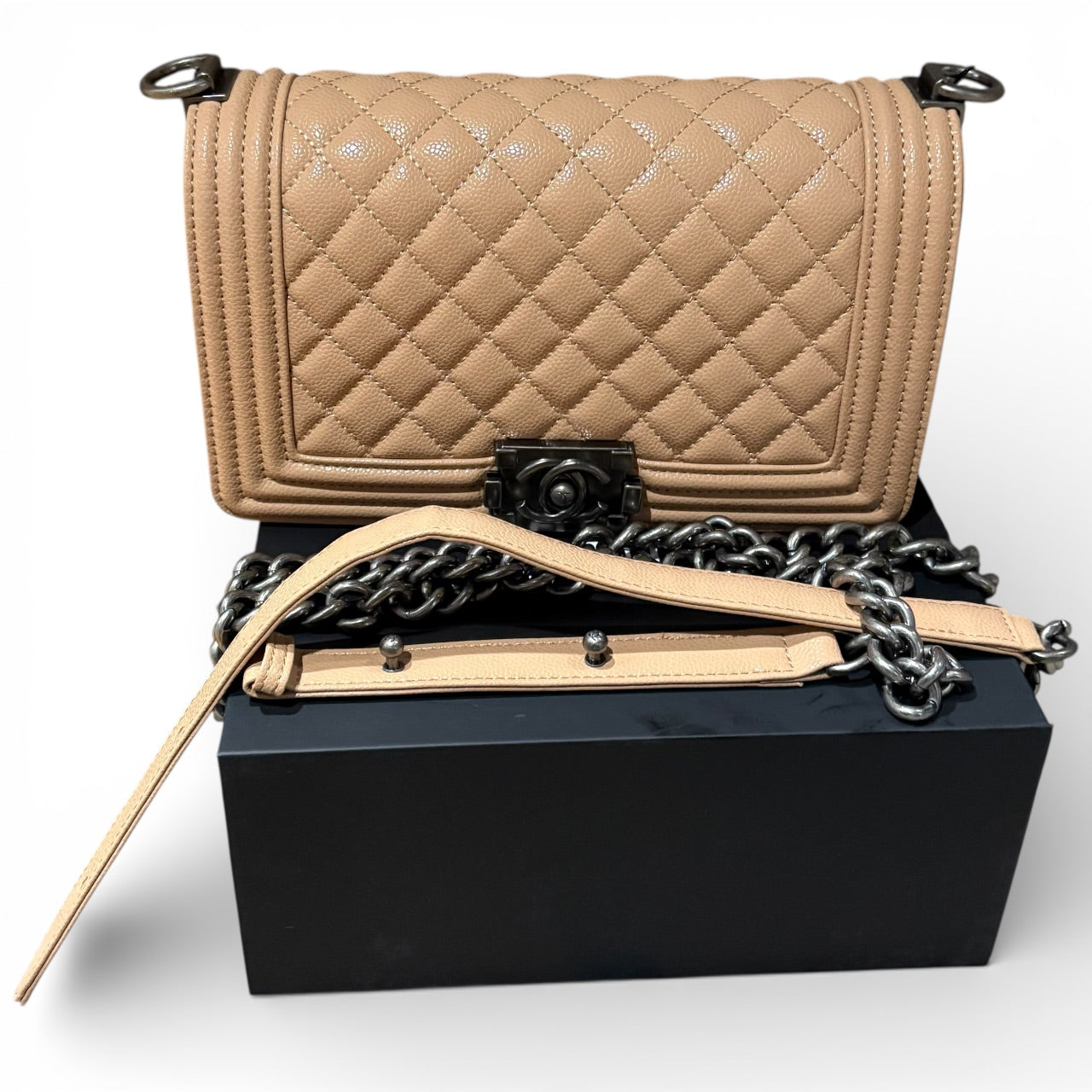 Beige & Silver Caviar Quilted Le Boy Bag | VIP/GWP