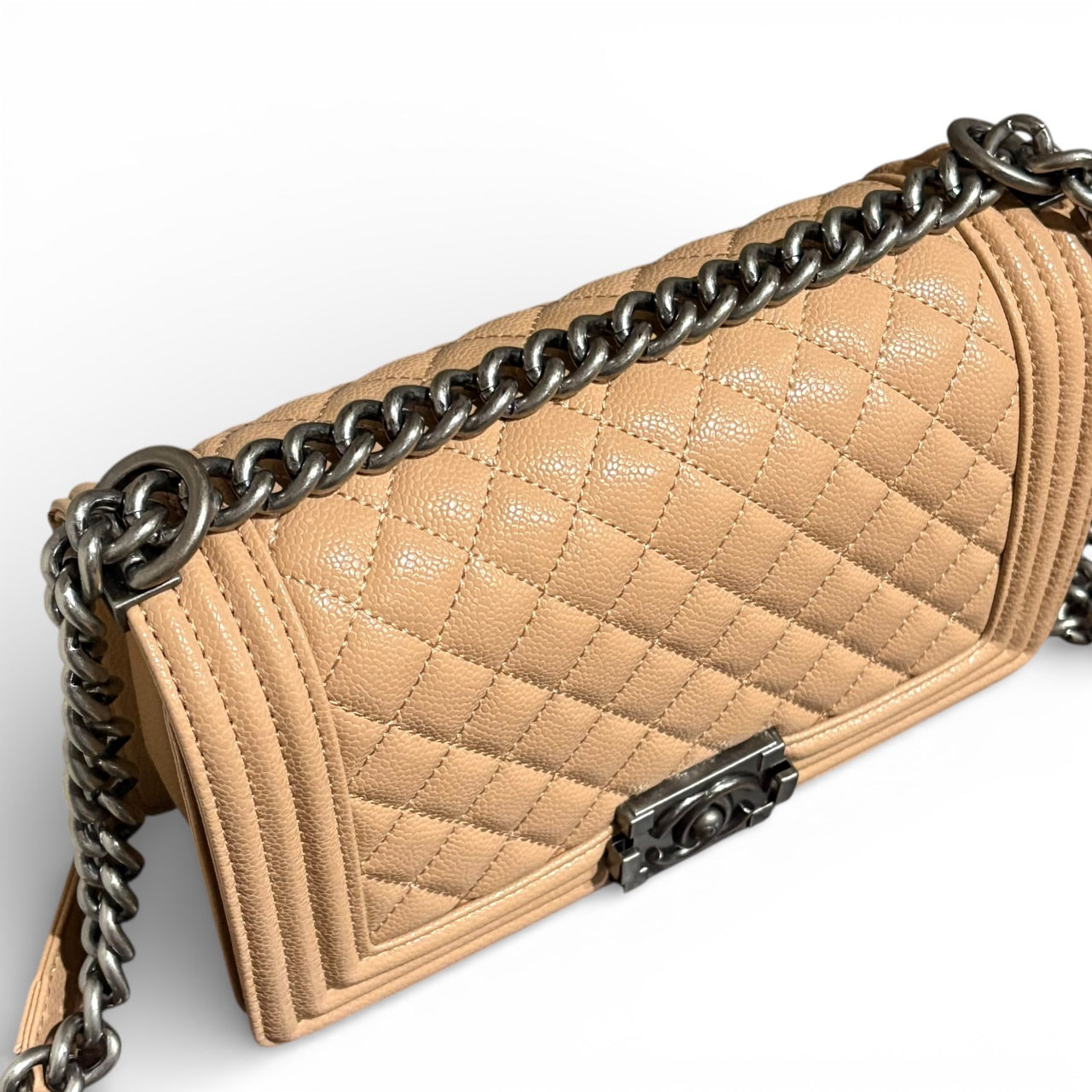 Beige & Silver Caviar Quilted Le Boy Bag | VIP/GWP