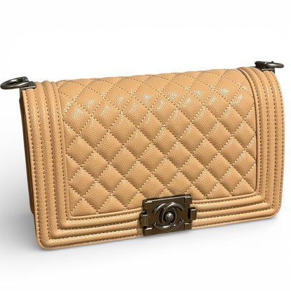Beige & Silver Caviar Quilted Le Boy Bag | VIP/GWP