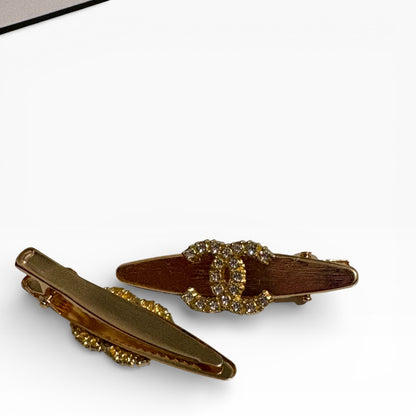 2Pc Large Gold Rhinestone CC Long Oval Hair Clips | Beaute