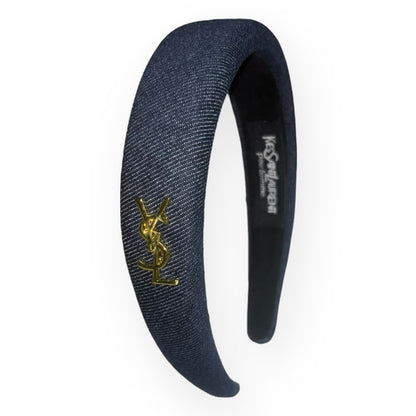 Dark Blue Denim & Gold Logo Headband | Beaute