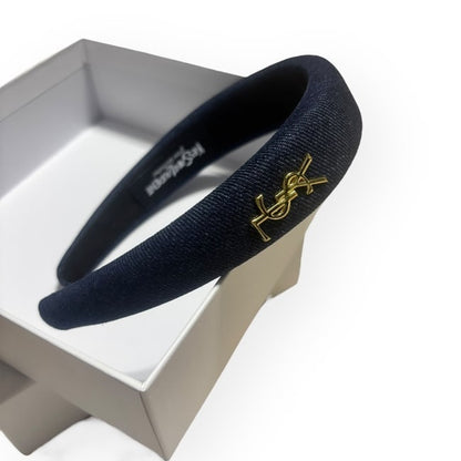 Dark Blue Denim & Gold Logo Headband | Beaute
