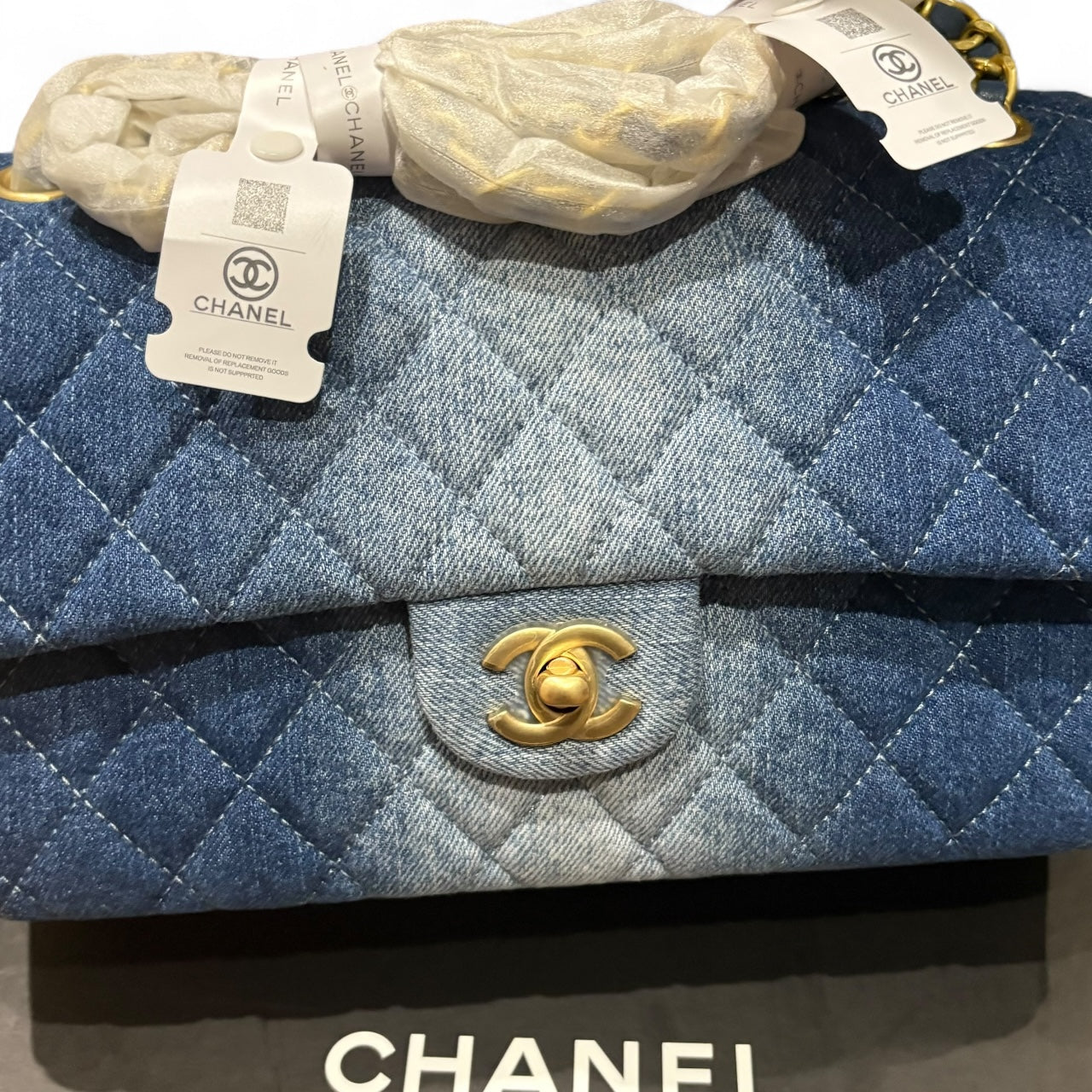 2 Toned Denim Gold Quilted Double Flap Bag | VIP/GWP