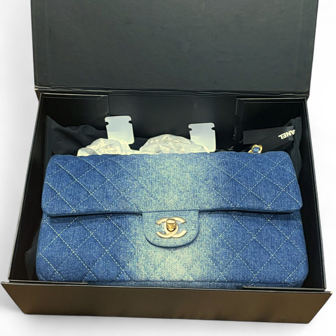 2 Toned Denim Gold Quilted Double Flap Bag | VIP/GWP