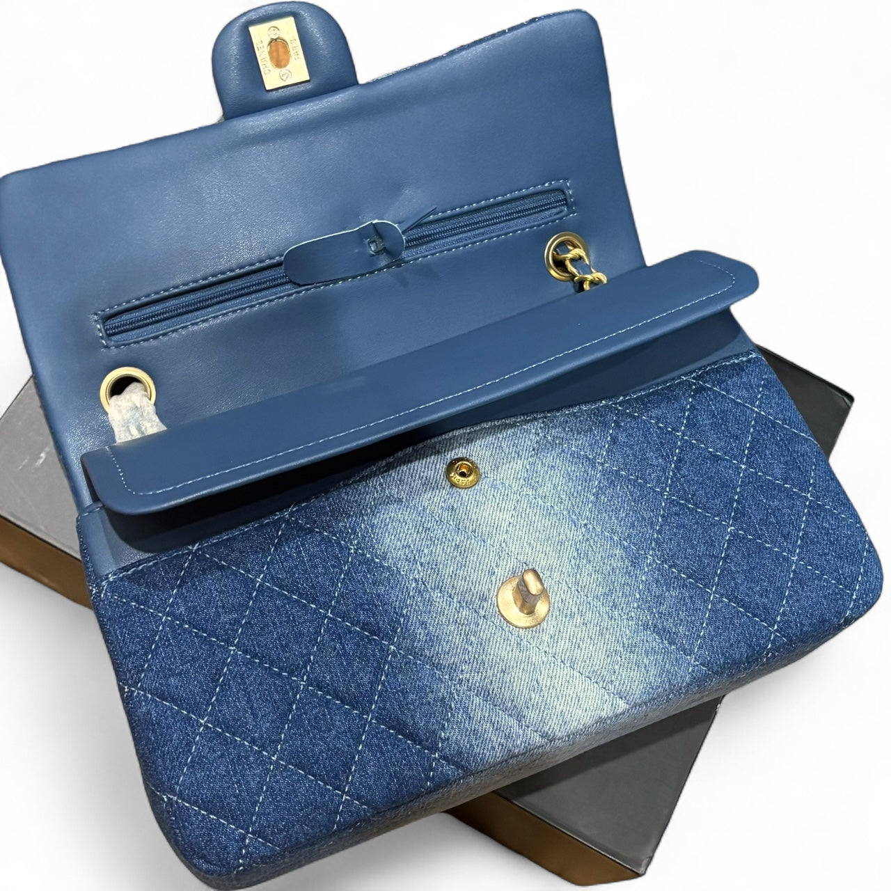 2 Toned Denim Gold Quilted Double Flap Bag | VIP/GWP
