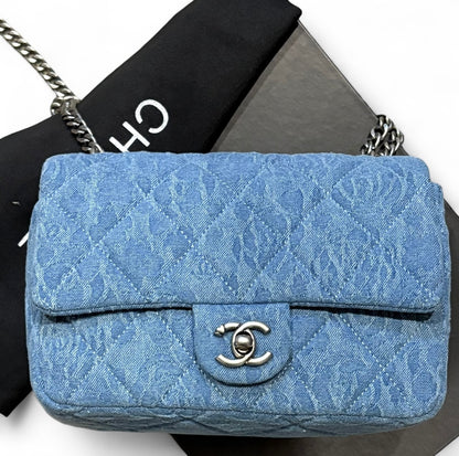 Denim Silver Quilted Floral Print Classic Classic Flap Bag | VIP/GWP