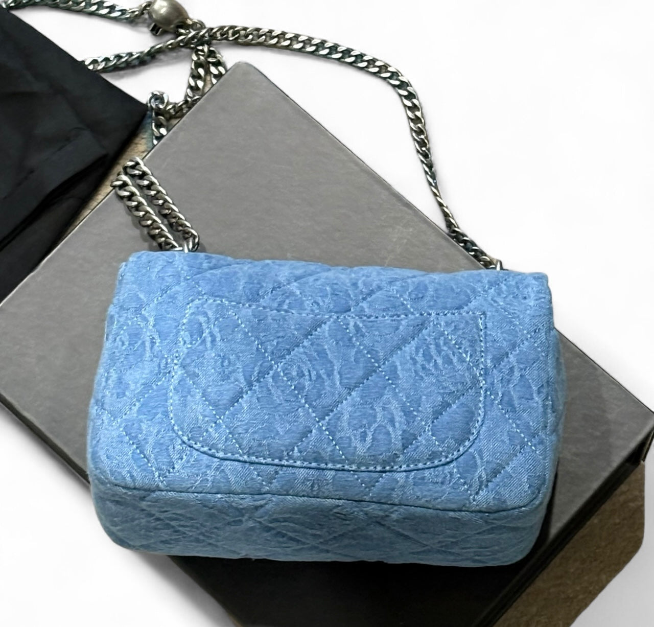 Denim Silver Quilted Floral Print Classic Classic Flap Bag | VIP/GWP