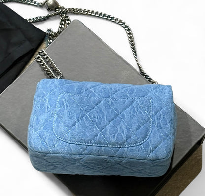 Denim Silver Quilted Floral Print Classic Classic Flap Bag | VIP/GWP
