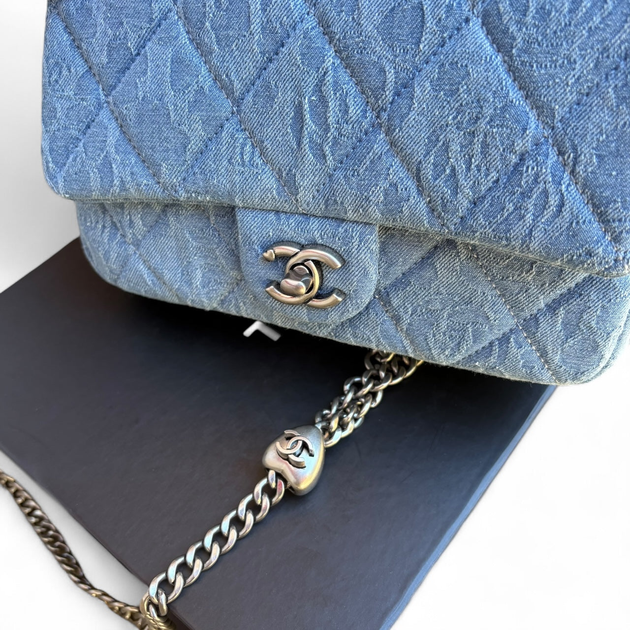 Denim Silver Quilted Floral Print Classic Classic Flap Bag | VIP/GWP