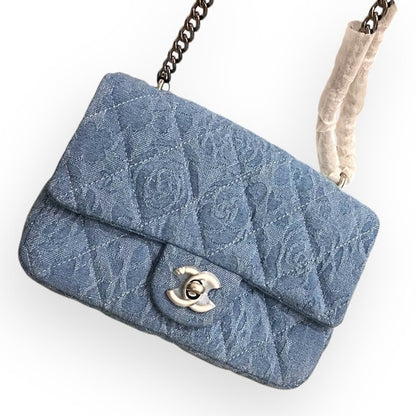 Denim Silver Quilted Floral Print Classic Classic Flap Bag | VIP/GWP