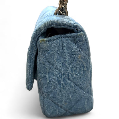 Denim Silver Quilted Floral Print Classic Classic Flap Bag | VIP/GWP