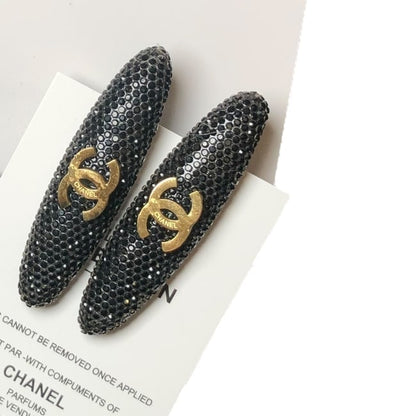 2Pc Black Rhinestone Gold CC Long Oval Hair Clips | Beaute