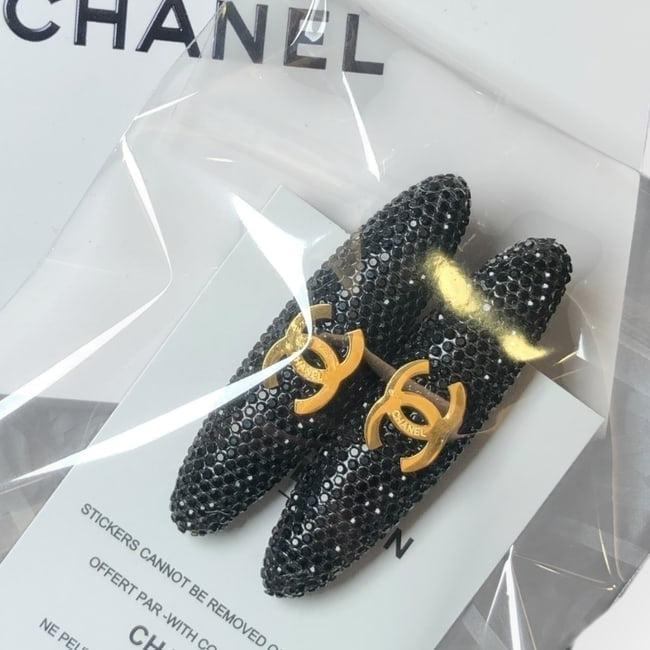 2Pc Black Rhinestone Gold CC Long Oval Hair Clips | Beaute