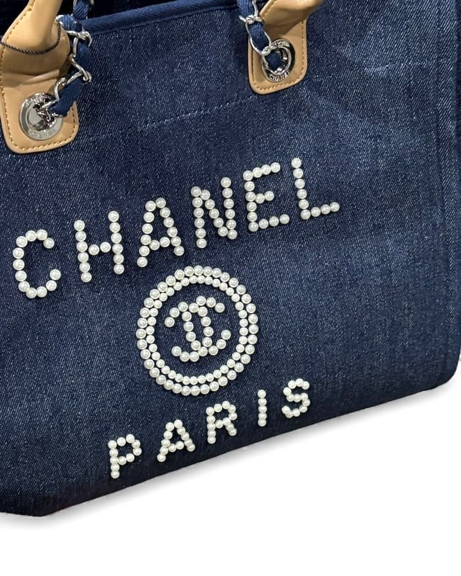 XL Denim Tan Pearl Logo Deauville Bag | VIP/GWP