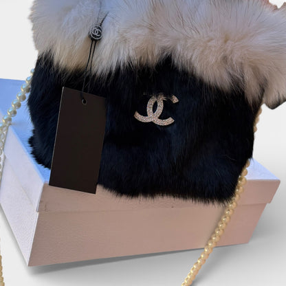 Black Faux Fur Tote With Pearl Detail | VIP/GWP