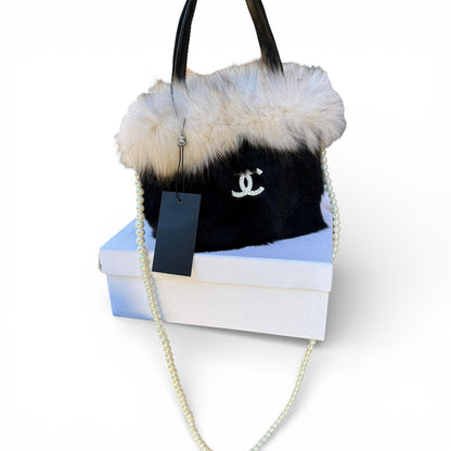 Black Faux Fur Tote With Pearl Detail | VIP/GWP