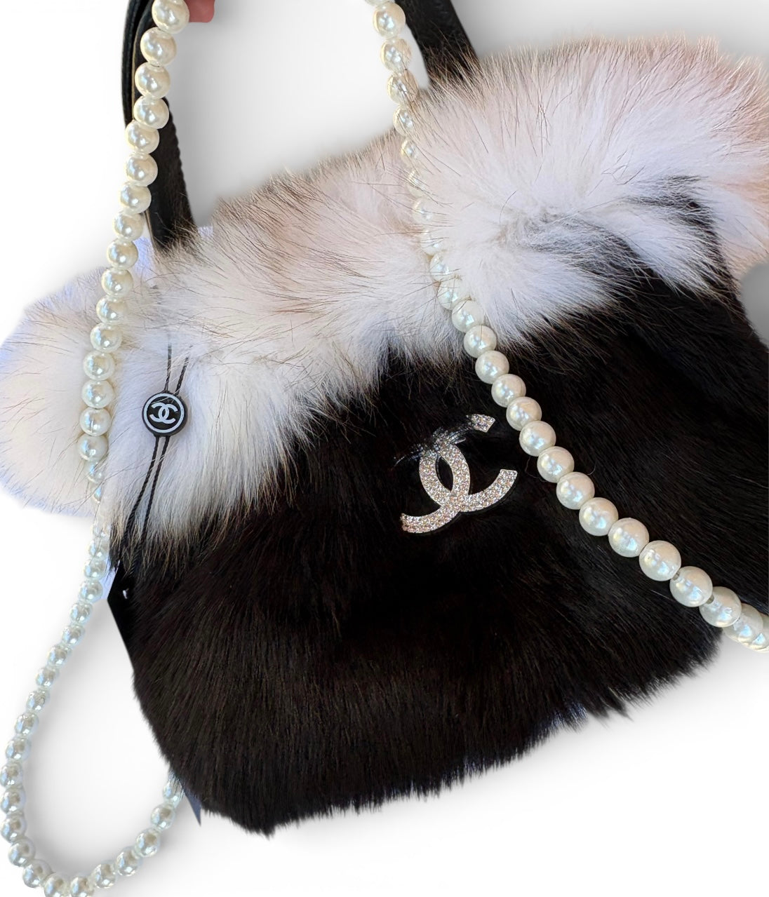 Black Faux Fur Tote With Pearl Detail | VIP/GWP