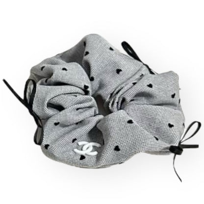 Grey Black Polka Hearts Scrunchy With Bow | Beaute