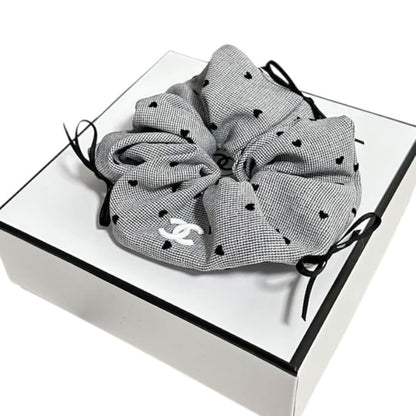 Grey Black Polka Hearts Scrunchy With Bow | Beaute