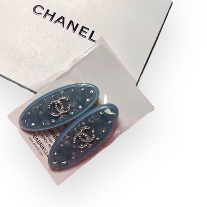 2Pc Blue White Rhinestone CC Logo Hair Clips | Beaute