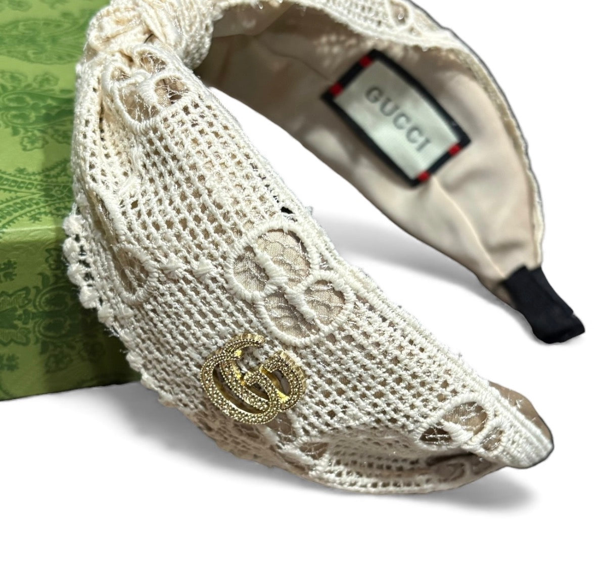White Gold Logo Wide Lace Headband | Beaute