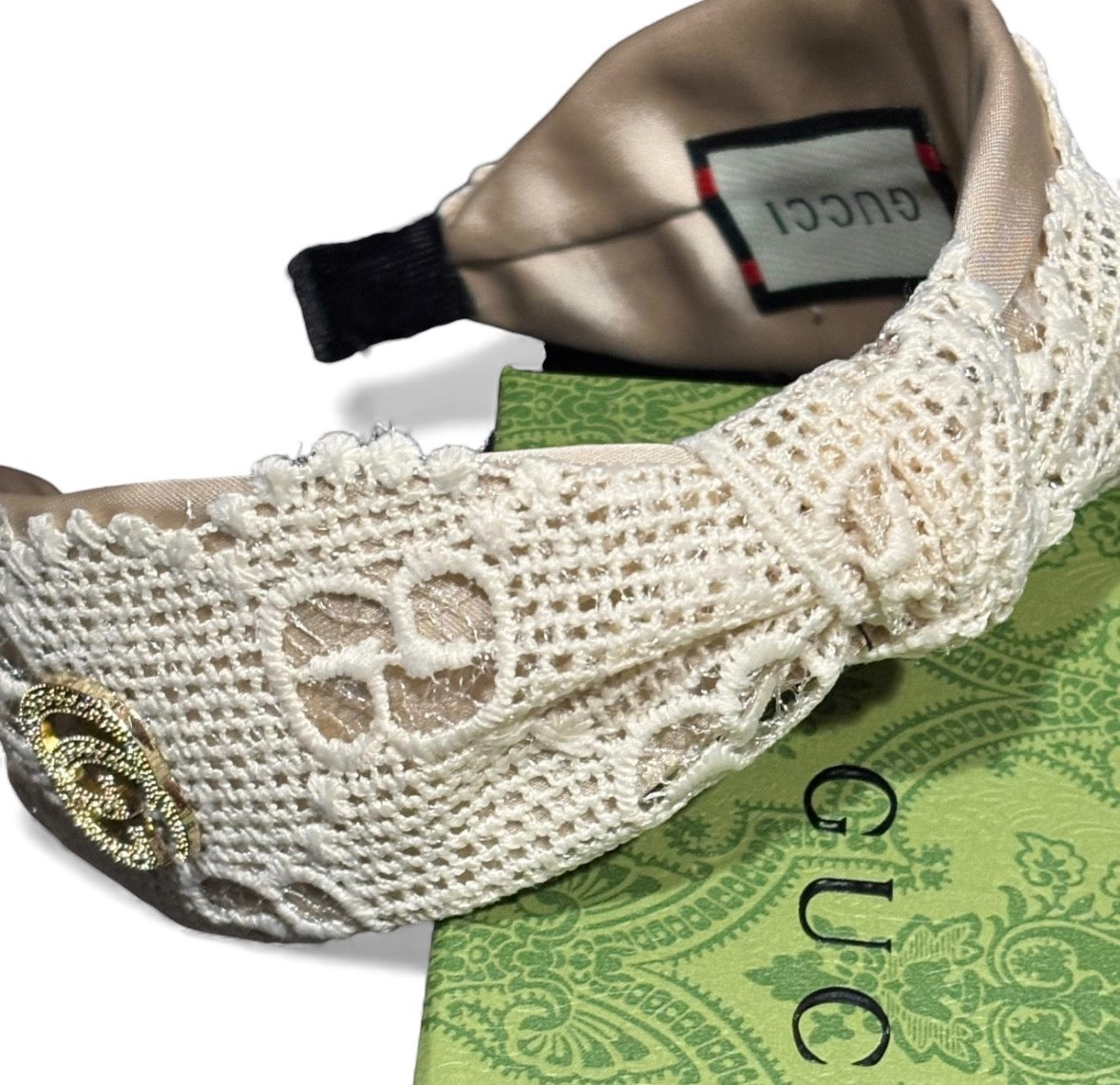 White Gold Logo Wide Lace Headband | Beaute